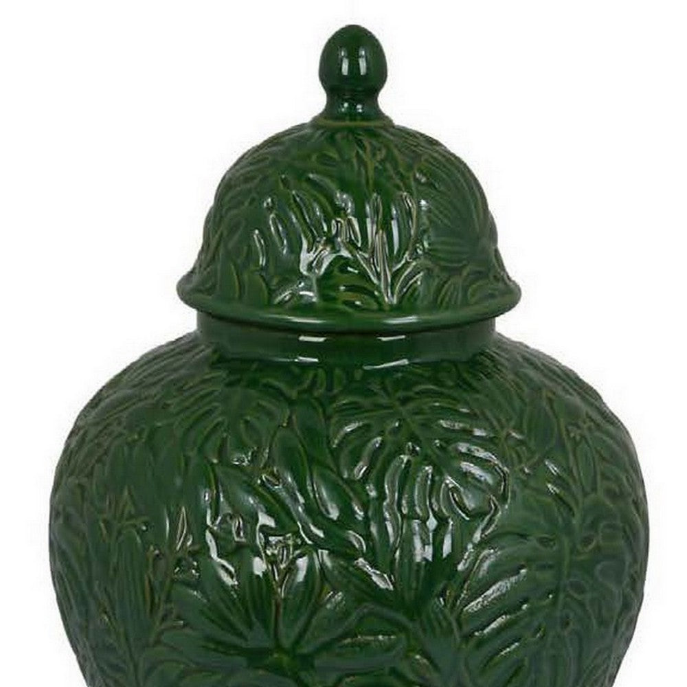 Home Accent Ginger Jar w Lid, Floral Motifs on Green Ceramic, 13 Inch -BM331432