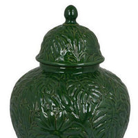 Home Accent Ginger Jar w Lid, Floral Motifs on Green Ceramic, 13 Inch -BM331432