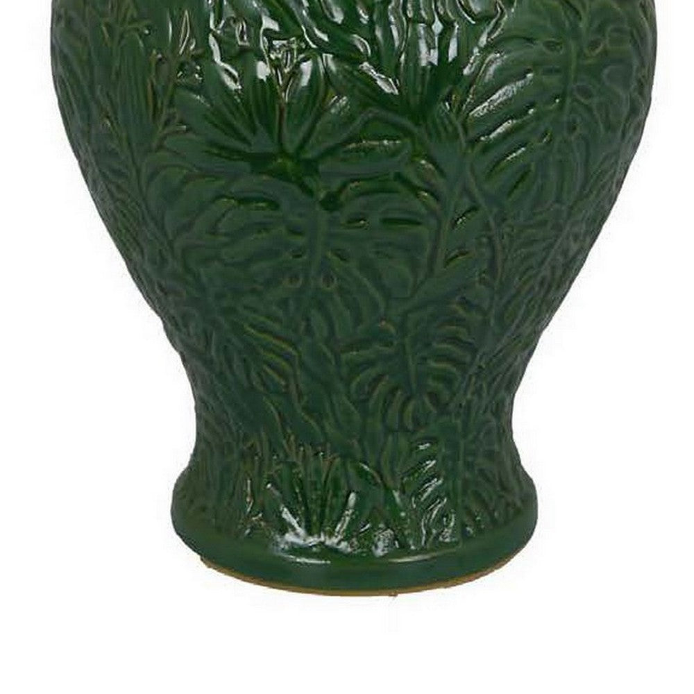 Home Accent Ginger Jar w Lid, Floral Motifs on Green Ceramic, 13 Inch -BM331432