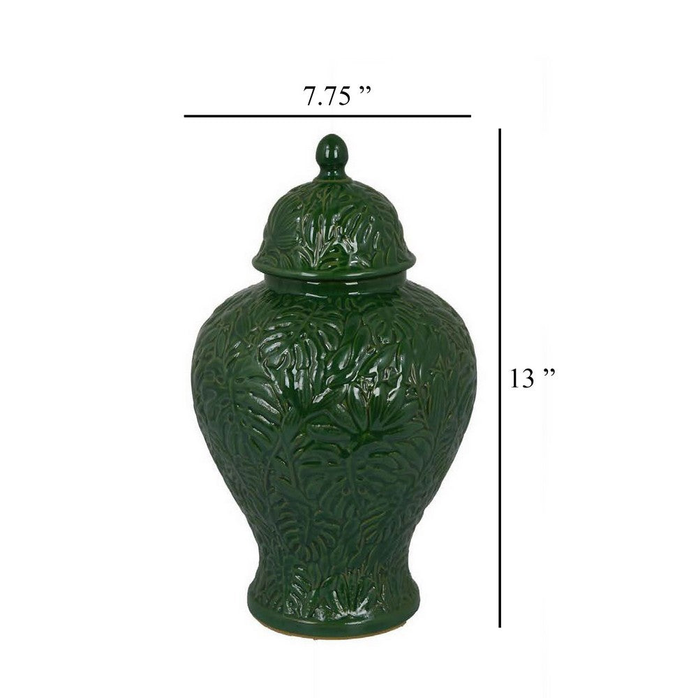 Home Accent Ginger Jar w Lid, Floral Motifs on Green Ceramic, 13 Inch -BM331432
