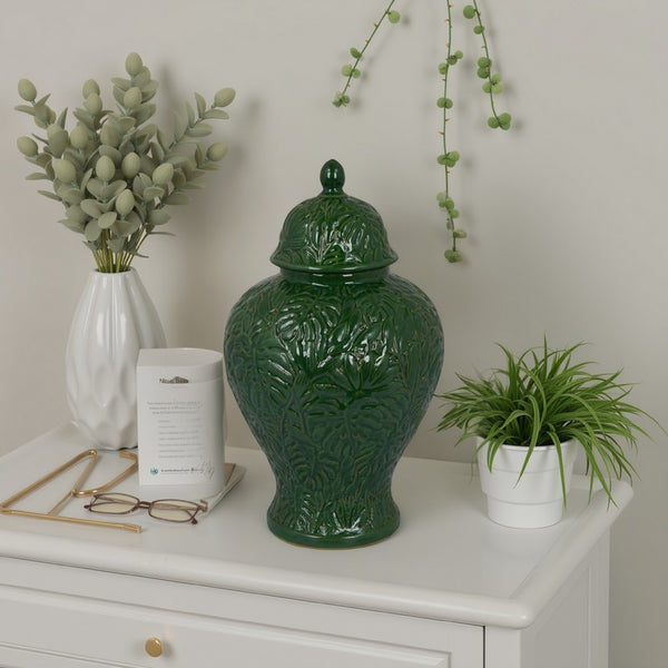 Home Accent Ginger Jar w Lid, Floral Motifs on Green Ceramic, 13 Inch -BM331432