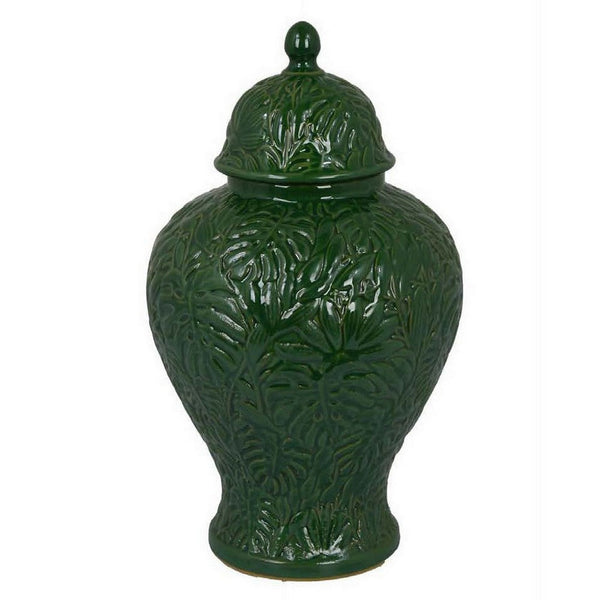Home Accent Ginger Jar w Lid, Floral Motifs on Green Ceramic, 13 Inch -BM331432