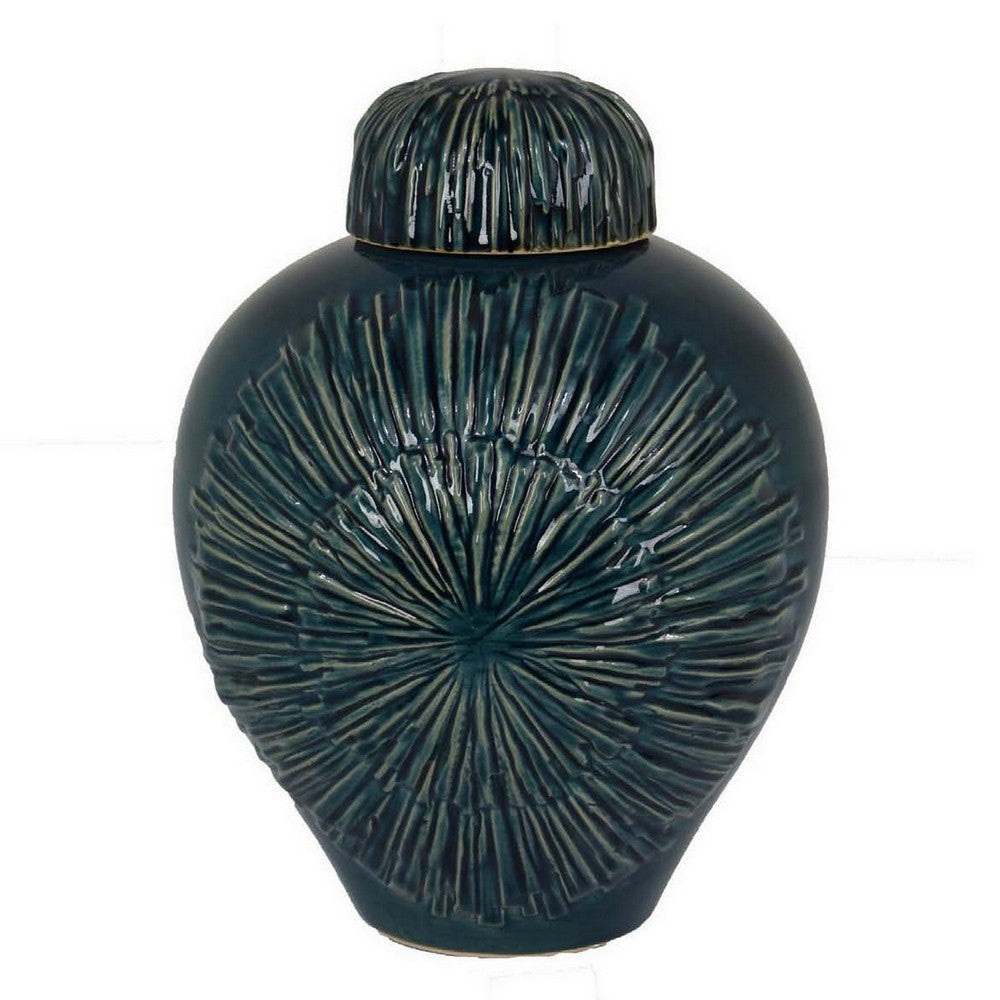 Accent Flower Vase w Lid, Rich Textured Deep Blue Ceramic, 13 Inch -BM331435