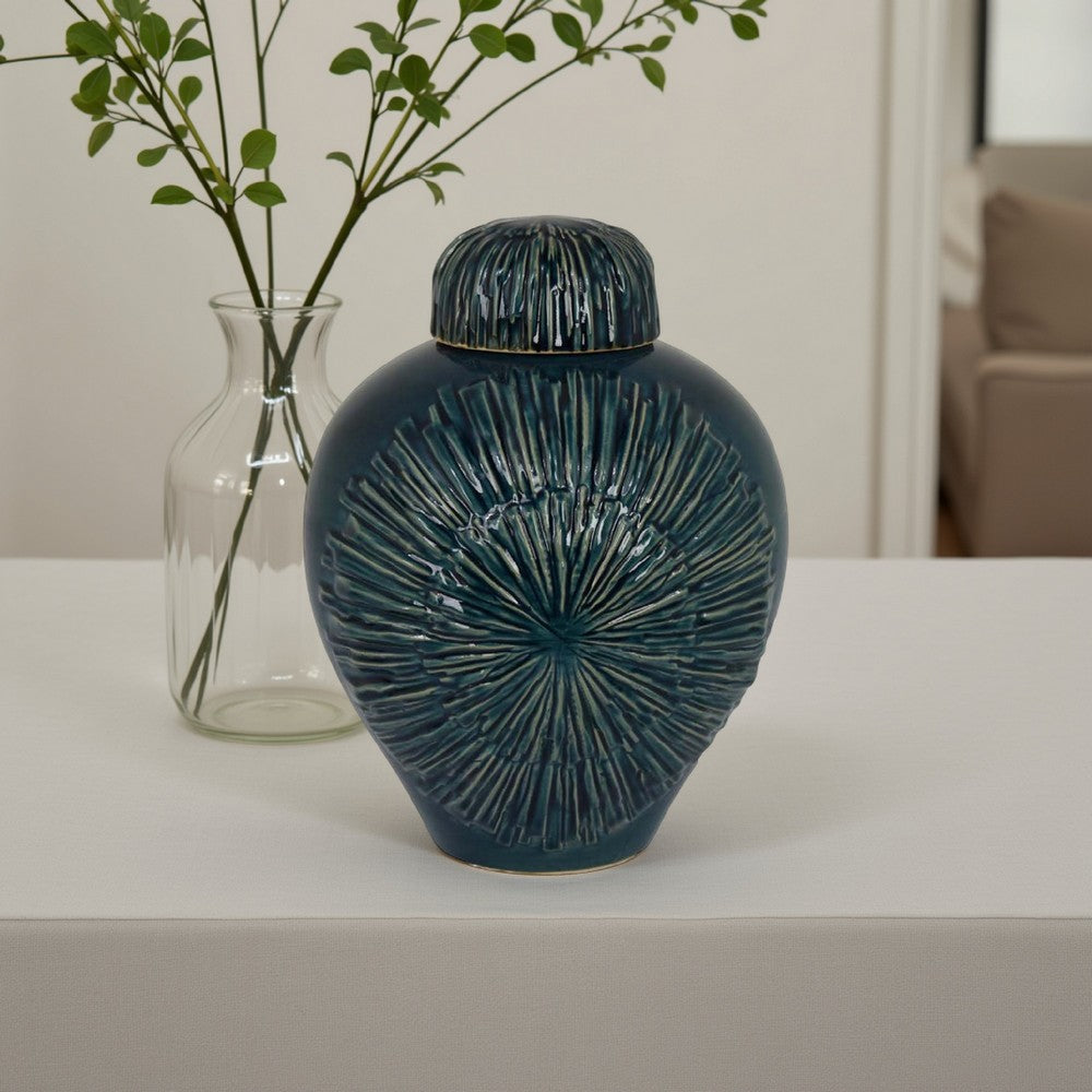 Accent Flower Vase w Lid, Rich Textured Deep Blue Ceramic, 13 Inch -BM331435