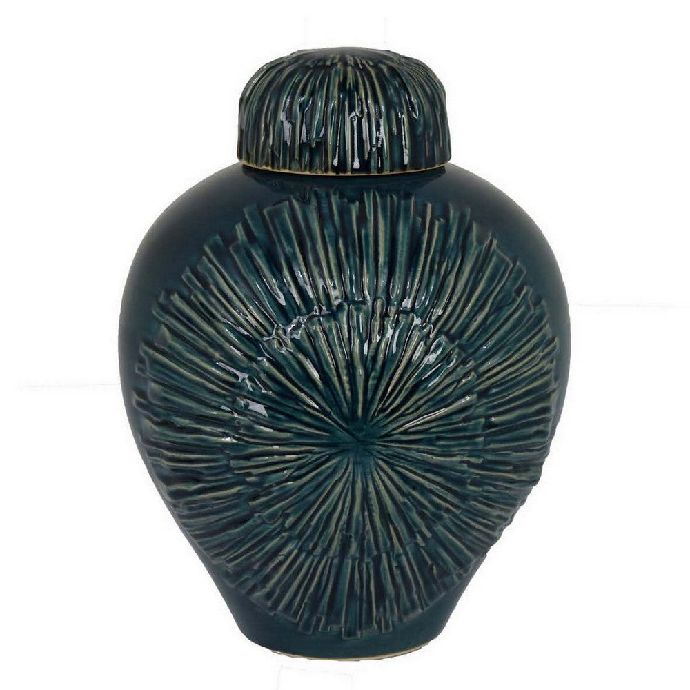 Accent Flower Vase w Lid, Rich Textured Deep Blue Ceramic, 13 Inch -BM331435