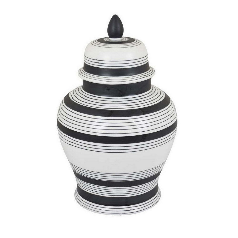 Decorative Jar w Lid, Minimalist Contrast, White Blue Lines, 16 Inch -BM331437