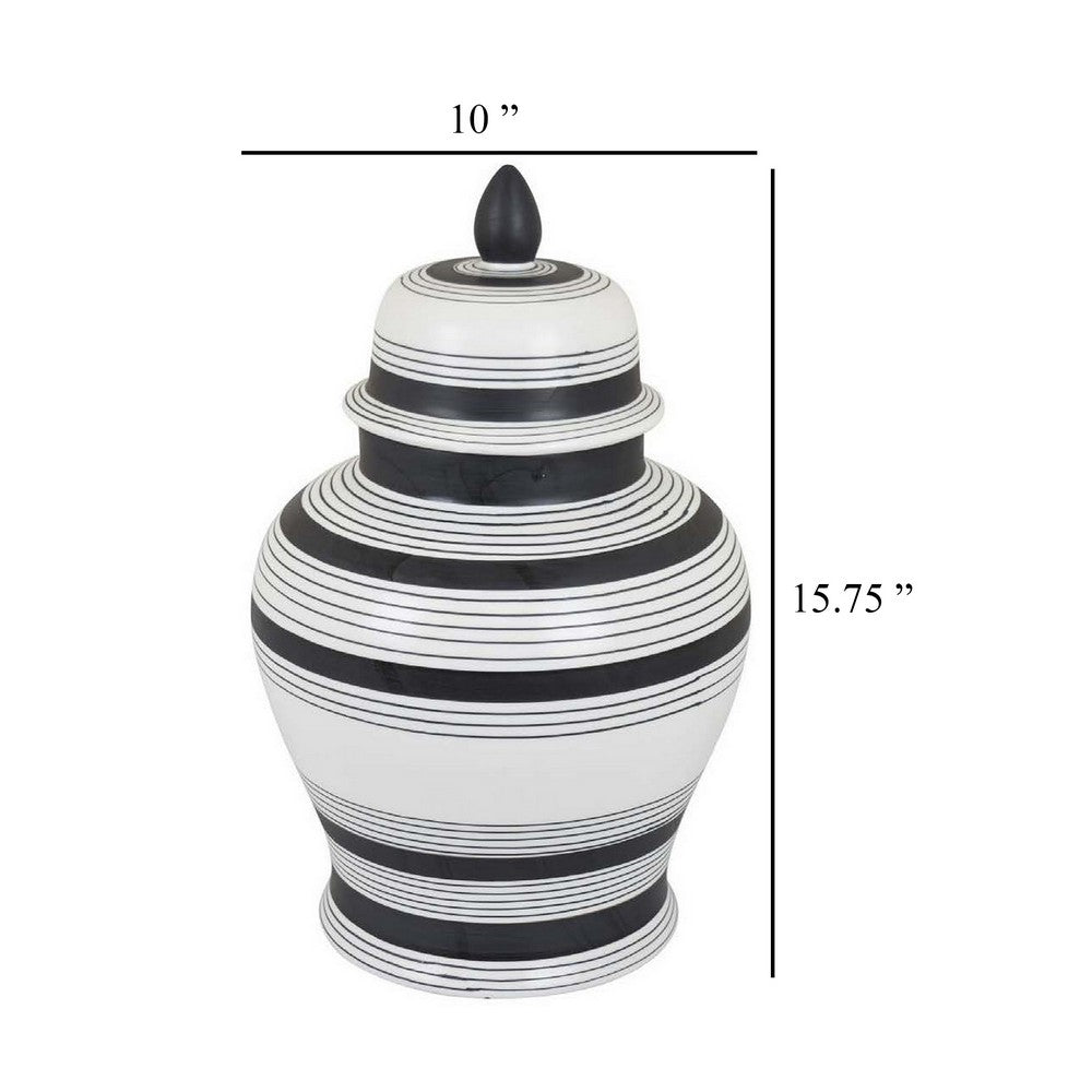 Decorative Jar w Lid, Minimalist Contrast, White Blue Lines, 16 Inch -BM331437