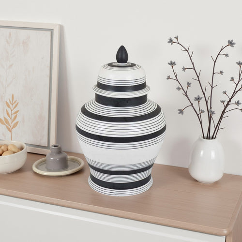 Decorative Jar w Lid, Minimalist Contrast, White Blue Lines, 16 Inch -BM331437