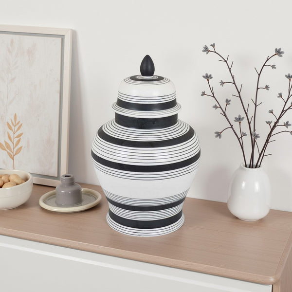 Decorative Jar w Lid, Minimalist Contrast, White Blue Lines, 16 Inch -BM331437