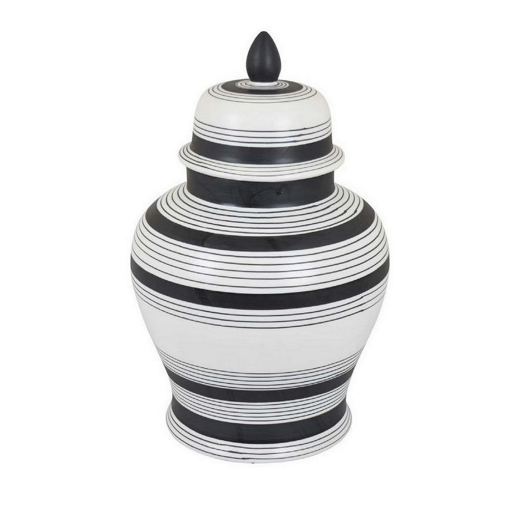 Decorative Jar w Lid, Minimalist Contrast, White Blue Lines, 16 Inch -BM331437