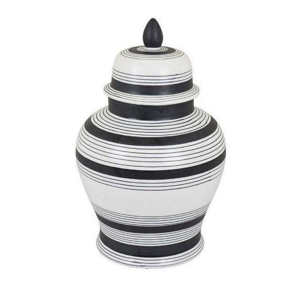 Decorative Jar w Lid, Minimalist Contrast, White Blue Lines, 16 Inch -BM331437