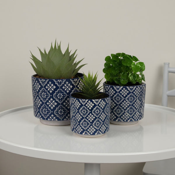 Modern Planter Set of 3, Vintage Floral Motifs, White Blue Ceramic -BM331439