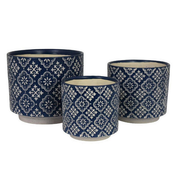 Modern Planter Set of 3, Vintage Floral Motifs, White Blue Ceramic -BM331439