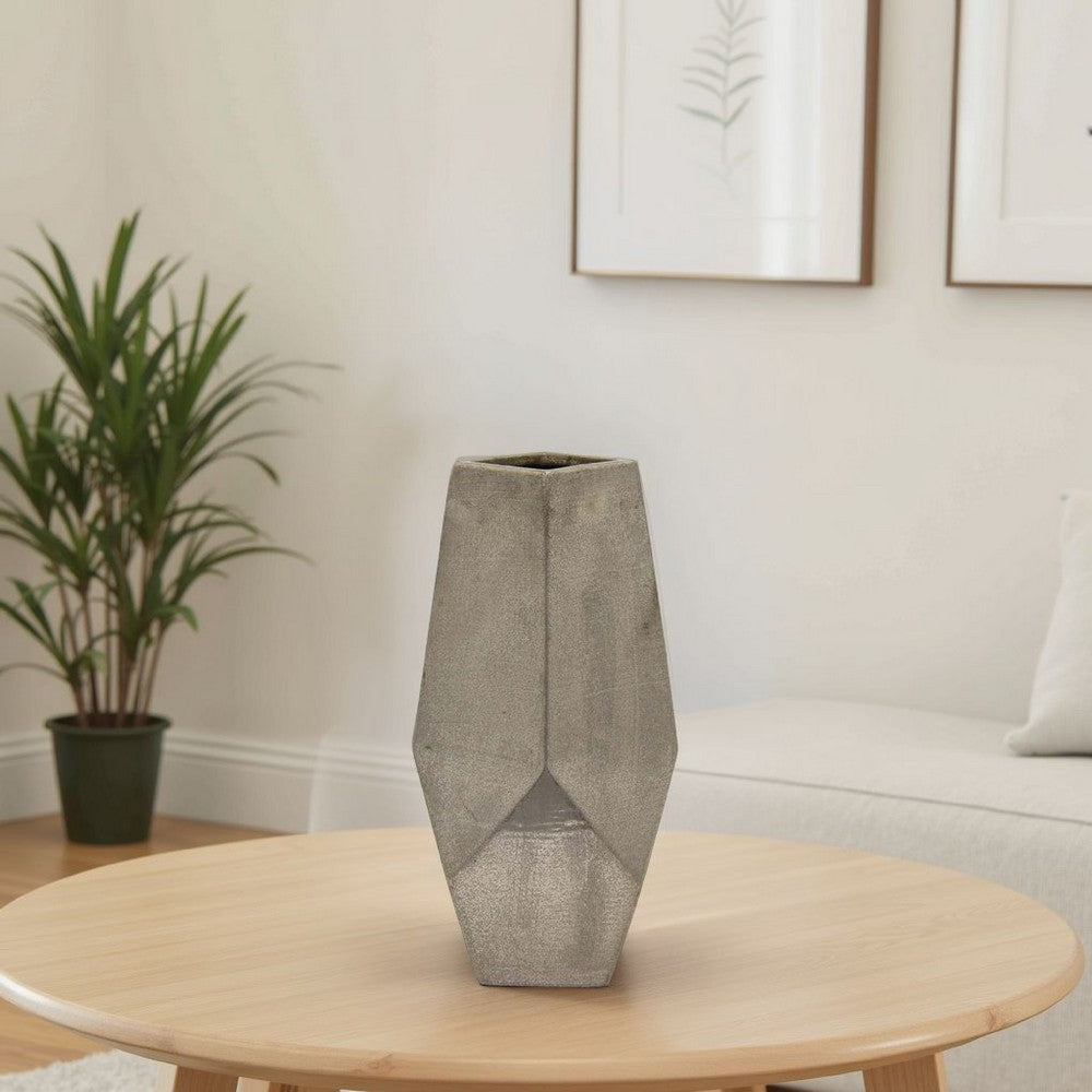 Accent Flower Vase, Geometric Stone Design 20 Inch Silver Gray Ceramic -BM331441