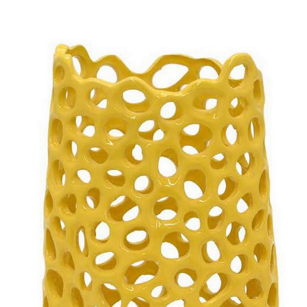 Kifa Flower Vase, Modern Cutout Textured Look, 15 Inch Yellow Ceramic -BM331442