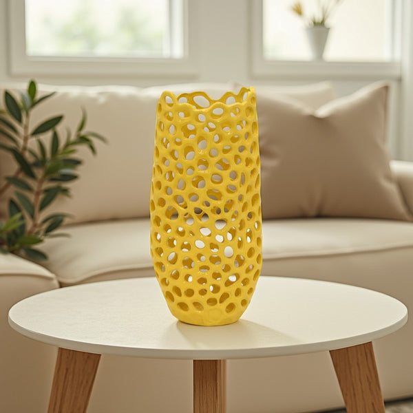 Kifa Flower Vase, Modern Cutout Textured Look, 15 Inch Yellow Ceramic -BM331442