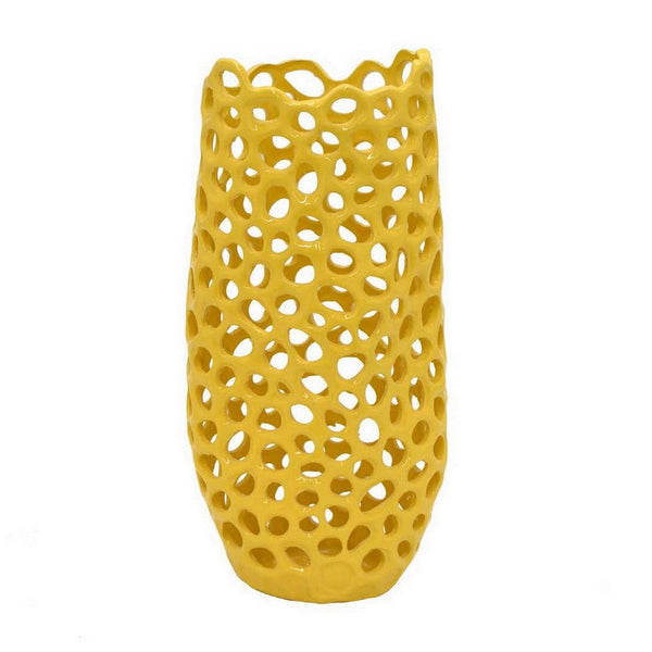Kifa Flower Vase, Modern Cutout Textured Look, 15 Inch Yellow Ceramic -BM331442