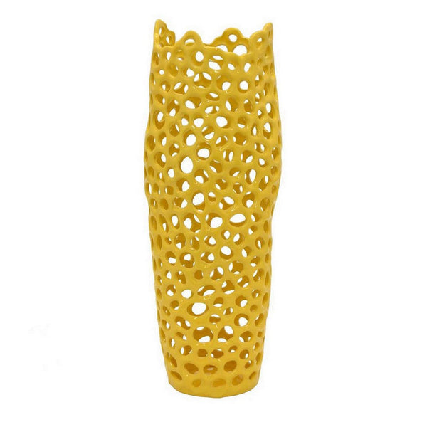 Kifa Flower Vase, Modern Cutout Textured Look, 20 Inch Yellow Ceramic -BM331443