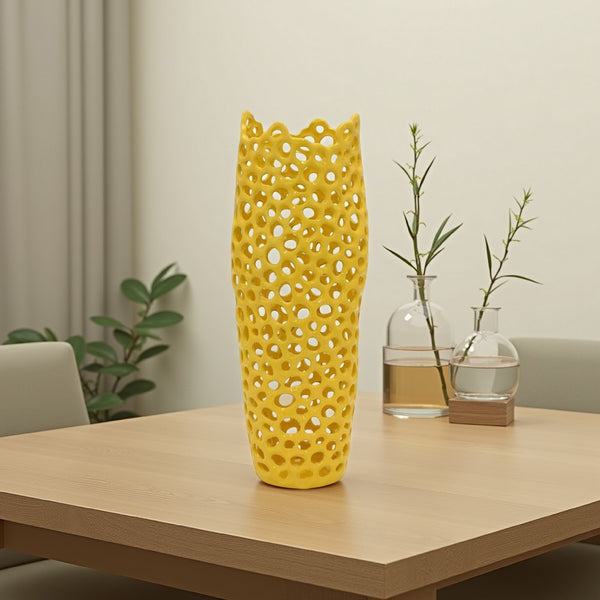 Kifa Flower Vase, Modern Cutout Textured Look, 20 Inch Yellow Ceramic -BM331443
