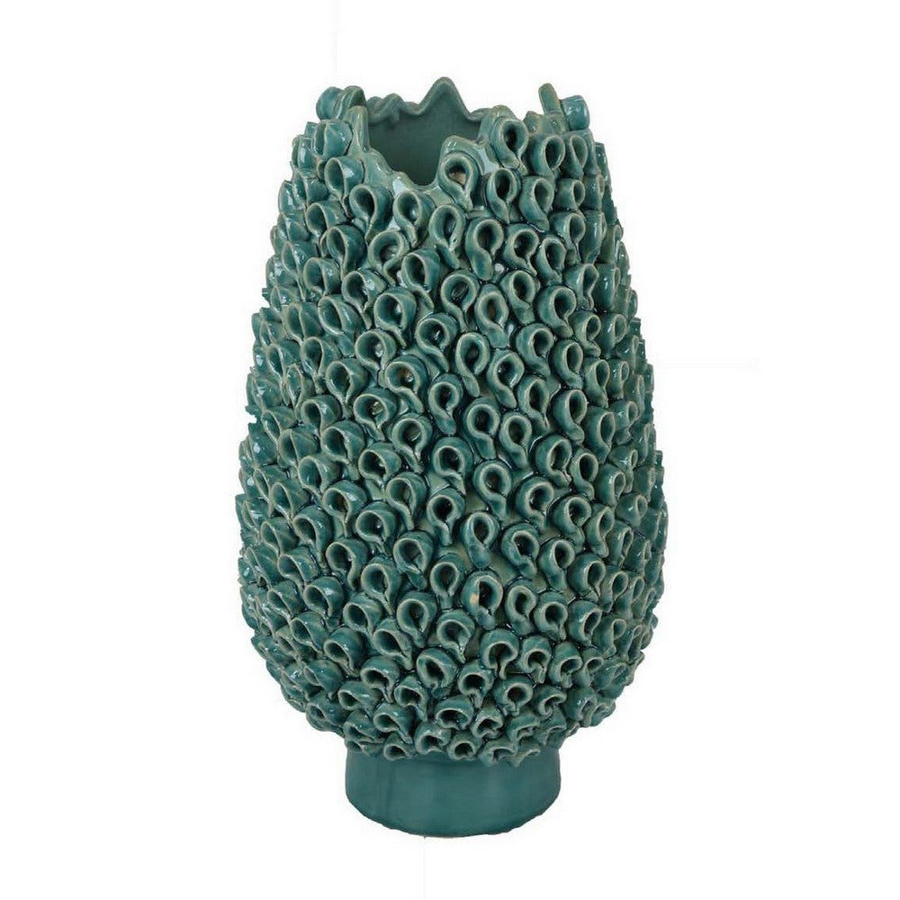 Accent Flower Vase, 3D Coral Textured Teal Green Ceramic 16 Inch -BM331449