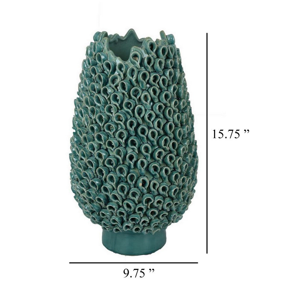 Accent Flower Vase, 3D Coral Textured Teal Green Ceramic 16 Inch -BM331449