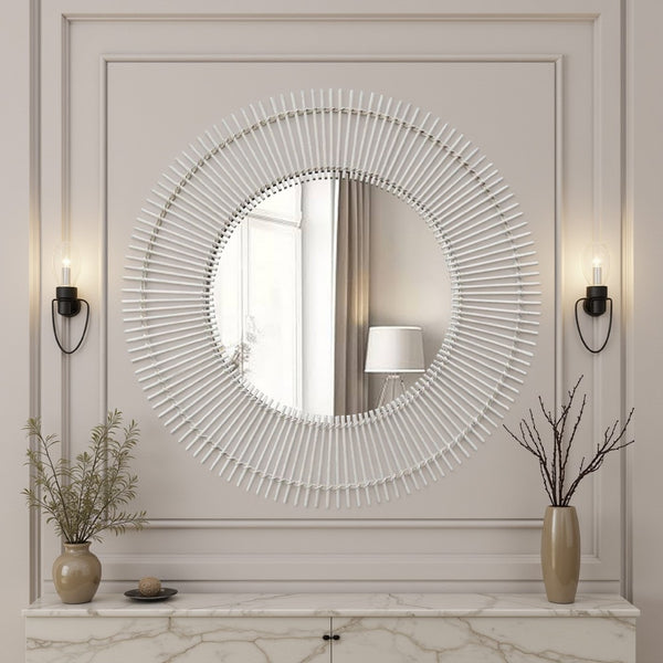 Leom Accent Wall Mirror, 43 Inch Round Decor Radial White Wood Frame -BM331452