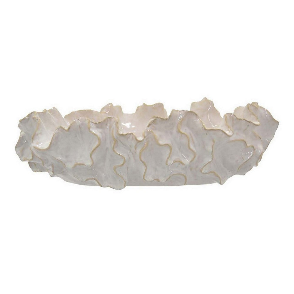 Decorative Accent Bowl, 18 Inch, Natural Wavelike Body, White Ceramic -BM331454