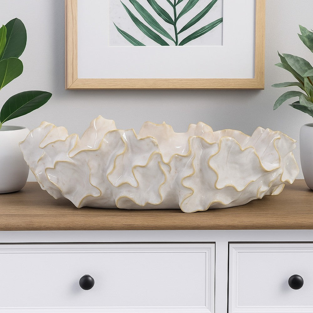 Decorative Accent Bowl, 18 Inch, Natural Wavelike Body, White Ceramic -BM331454