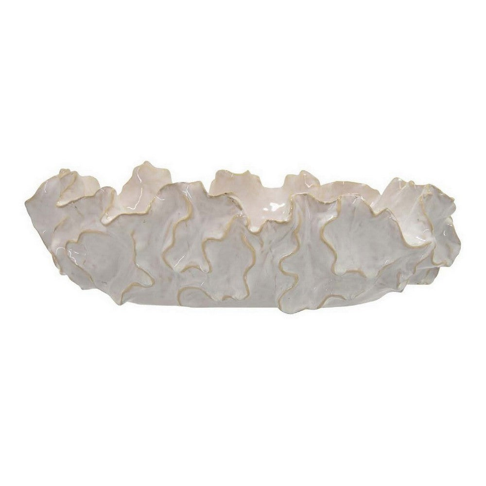 Decorative Accent Bowl, 18 Inch, Natural Wavelike Body, White Ceramic -BM331454