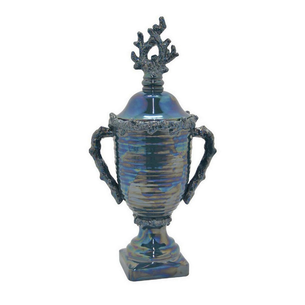Decorative Jar, 24 Inch, Blue Ceramic, Ribbed Classic Trophy Design -BM331458
