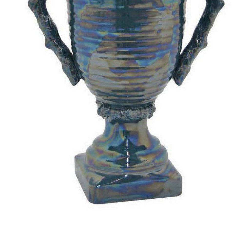 Decorative Jar, 24 Inch, Blue Ceramic, Ribbed Classic Trophy Design -BM331458