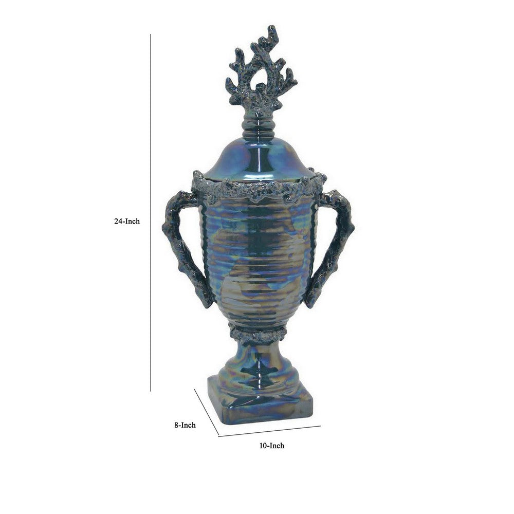 Decorative Jar, 24 Inch, Blue Ceramic, Ribbed Classic Trophy Design -BM331458