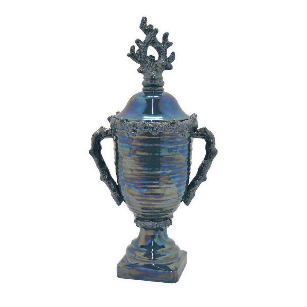Decorative Jar, 24 Inch, Blue Ceramic, Ribbed Classic Trophy Design -BM331458