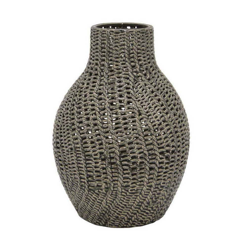 Decorative Vase, 11 Inch Round Braided Perforated Body, Gray Ceramic -BM331461