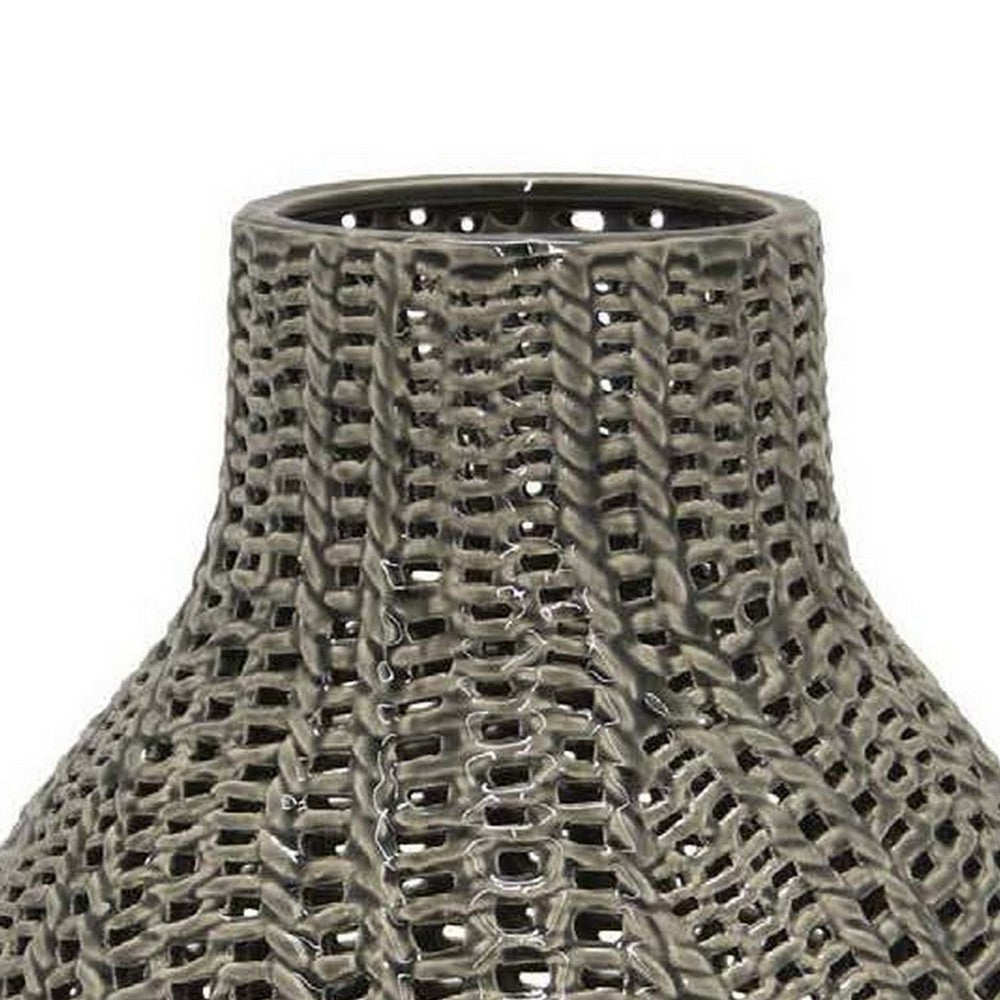 Decorative Vase, 11 Inch Round Braided Perforated Body, Gray Ceramic -BM331461