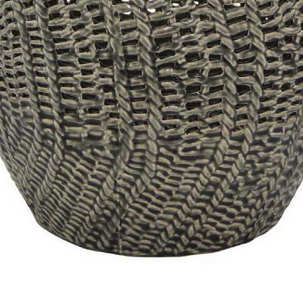 Decorative Vase, 11 Inch Round Braided Perforated Body, Gray Ceramic -BM331461