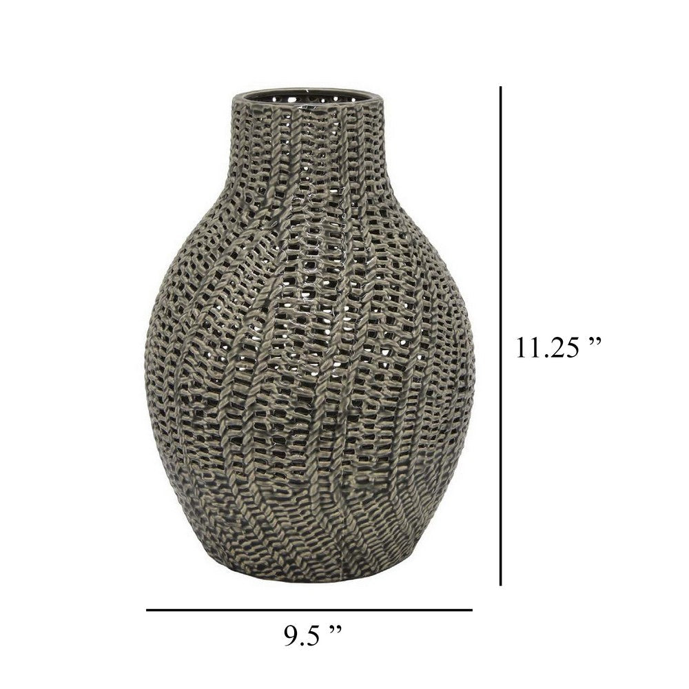 Decorative Vase, 11 Inch Round Braided Perforated Body, Gray Ceramic -BM331461
