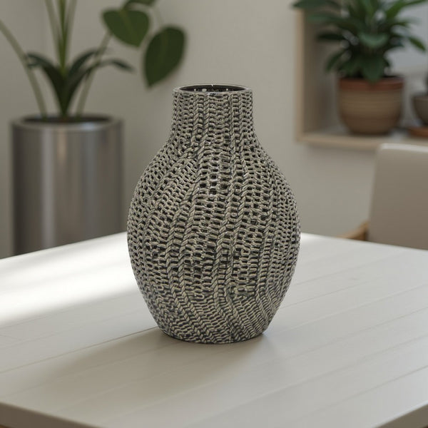 Decorative Vase, 11 Inch Round Braided Perforated Body, Gray Ceramic -BM331461