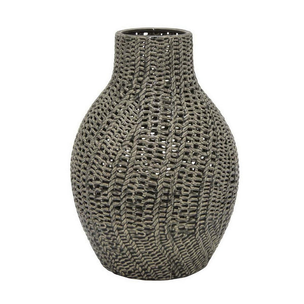 Decorative Vase, 11 Inch Round Braided Perforated Body, Gray Ceramic -BM331461