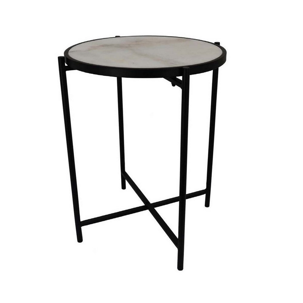 Kiny Accent Plant Stand Table, 22 Inch, Black Metal Frame White Marble -BM331466