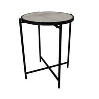 Kiny Accent Plant Stand Table, 22 Inch, Black Metal Frame White Marble -BM331466