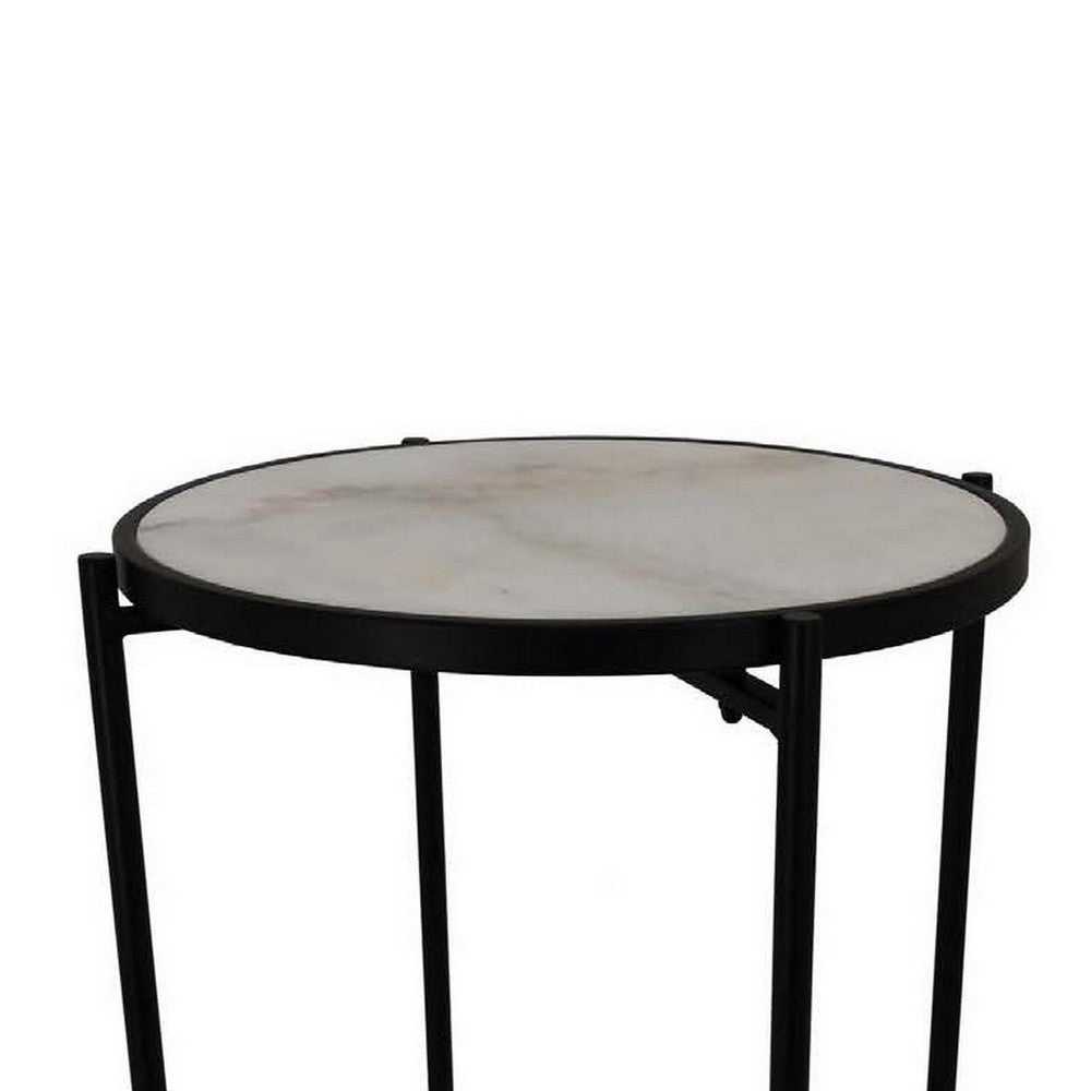 Kiny Accent Plant Stand Table, 22 Inch, Black Metal Frame White Marble -BM331466