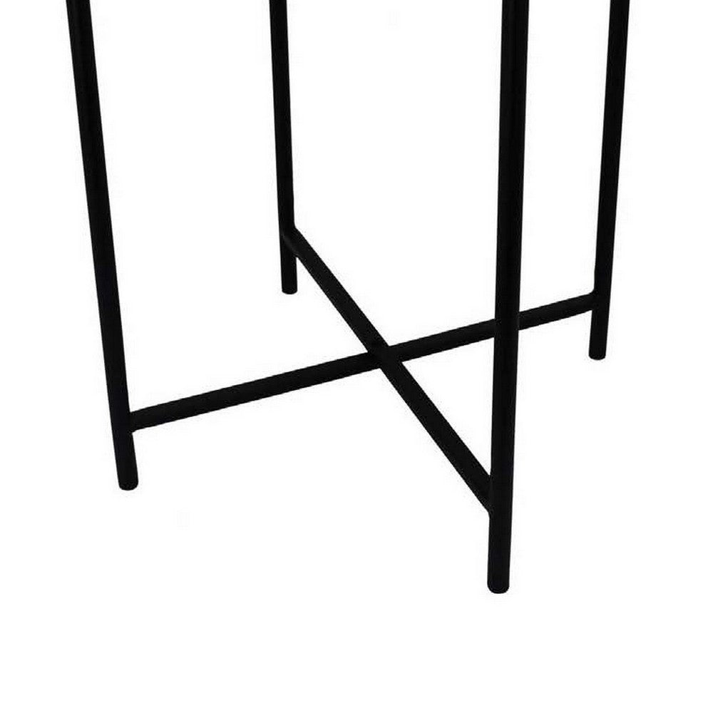Kiny Accent Plant Stand Table, 22 Inch, Black Metal Frame White Marble -BM331466