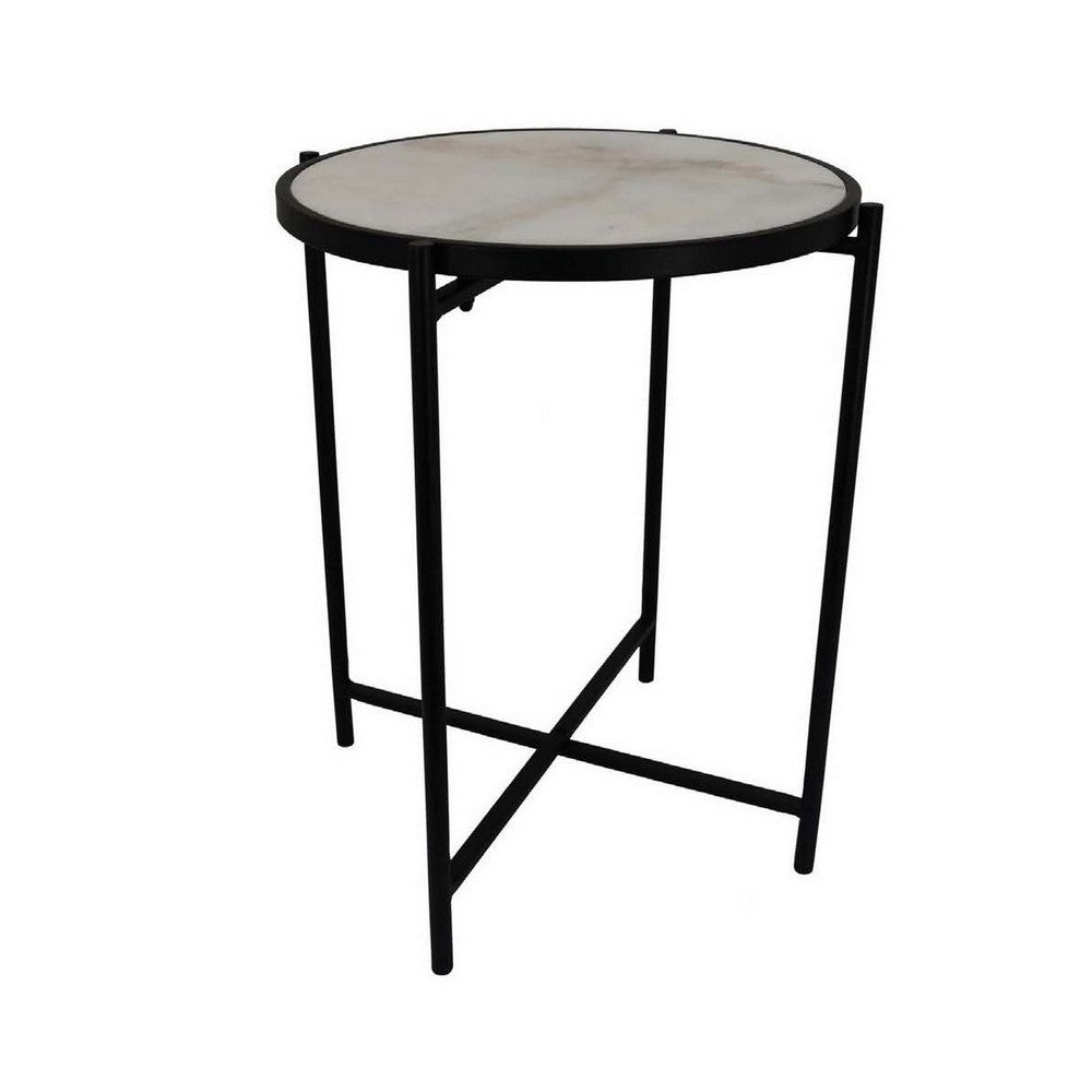 Kiny Accent Plant Stand Table, 22 Inch, Black Metal Frame White Marble -BM331466