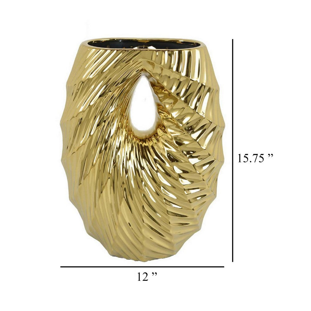 Decorative Vase, 16 Inch U Shape Ceramic Body, Gold Geometric Pattern -BM331467