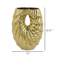 Decorative Vase, 16 Inch U Shape Ceramic Body, Gold Geometric Pattern -BM331467