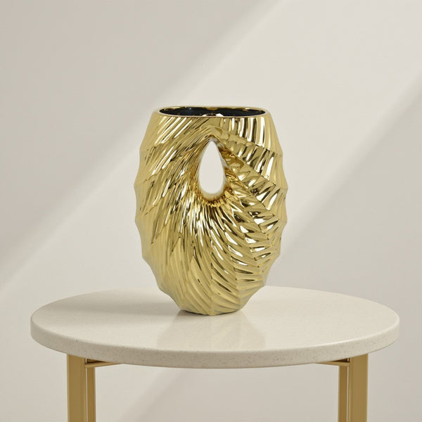 Decorative Vase, 16 Inch U Shape Ceramic Body, Gold Geometric Pattern -BM331467