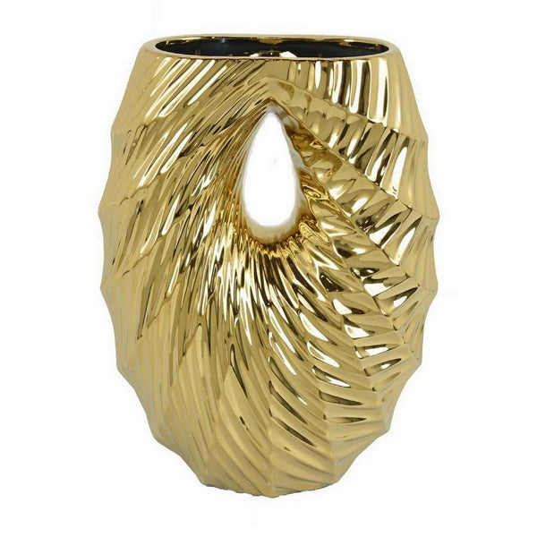 Decorative Vase, 16 Inch U Shape Ceramic Body, Gold Geometric Pattern -BM331467