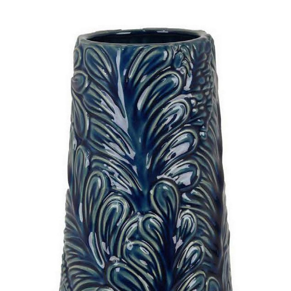 Decorative Vase, 18 Inch Blue Ceramic Body, 3D Textured Floral Pattern -BM331468