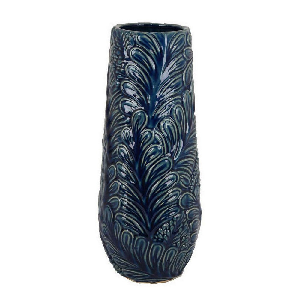 Decorative Vase, 18 Inch Blue Ceramic Body, 3D Textured Floral Pattern -BM331468